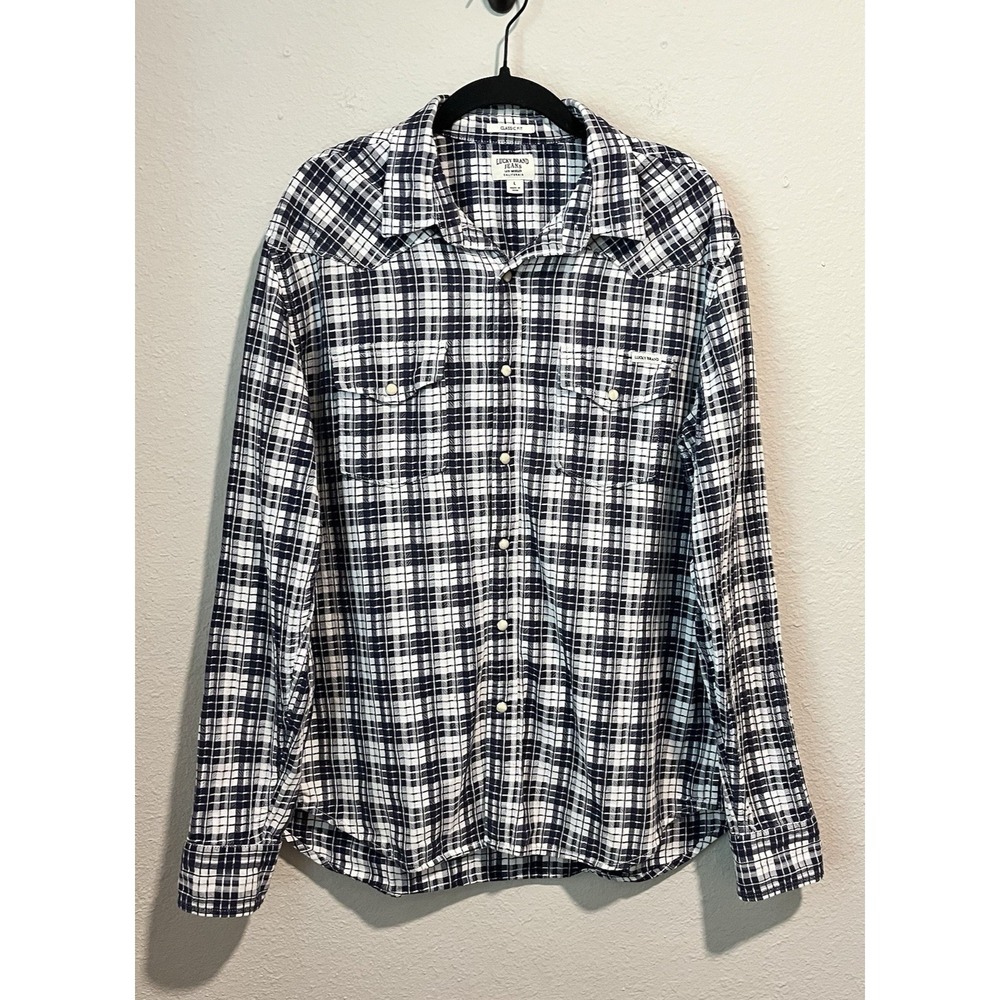 Lucky Brand Women's Pearl Snap Shirt Large Black & White Plaid Western Classic